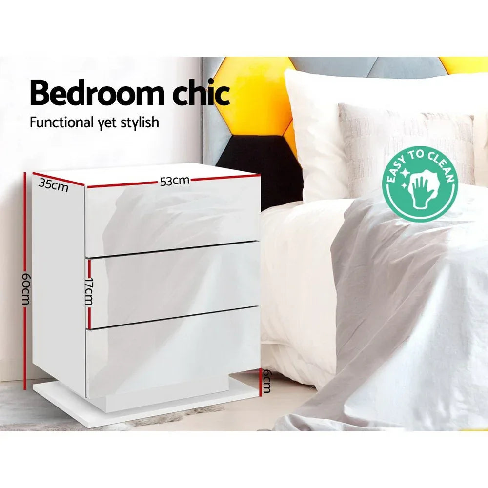 Artiss 2x Bedside Table LED 3 Drawers - MORI White - Mekamart Australia