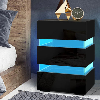 Artiss Bedside Table LED 3 Drawers - LUMI Black - Mekamart Australia