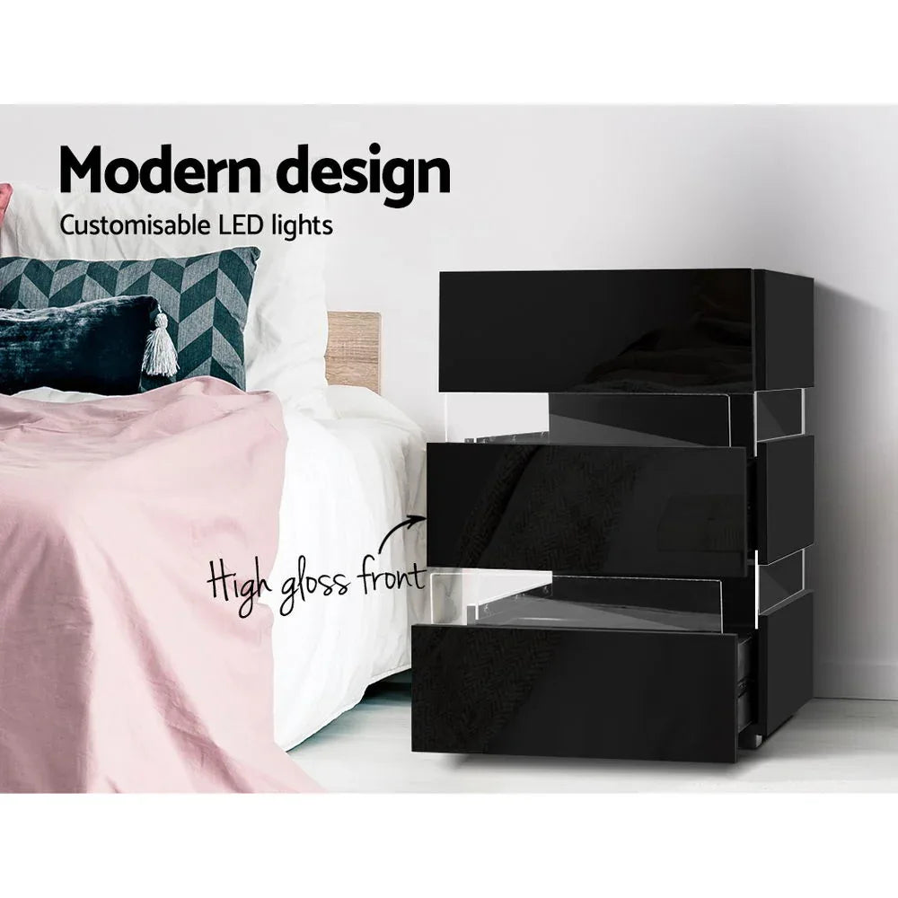 Artiss Bedside Table LED 3 Drawers - LUMI Black - Mekamart Australia