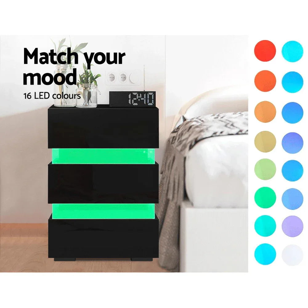 Artiss Bedside Table LED 3 Drawers - LUMI Black - Mekamart Australia
