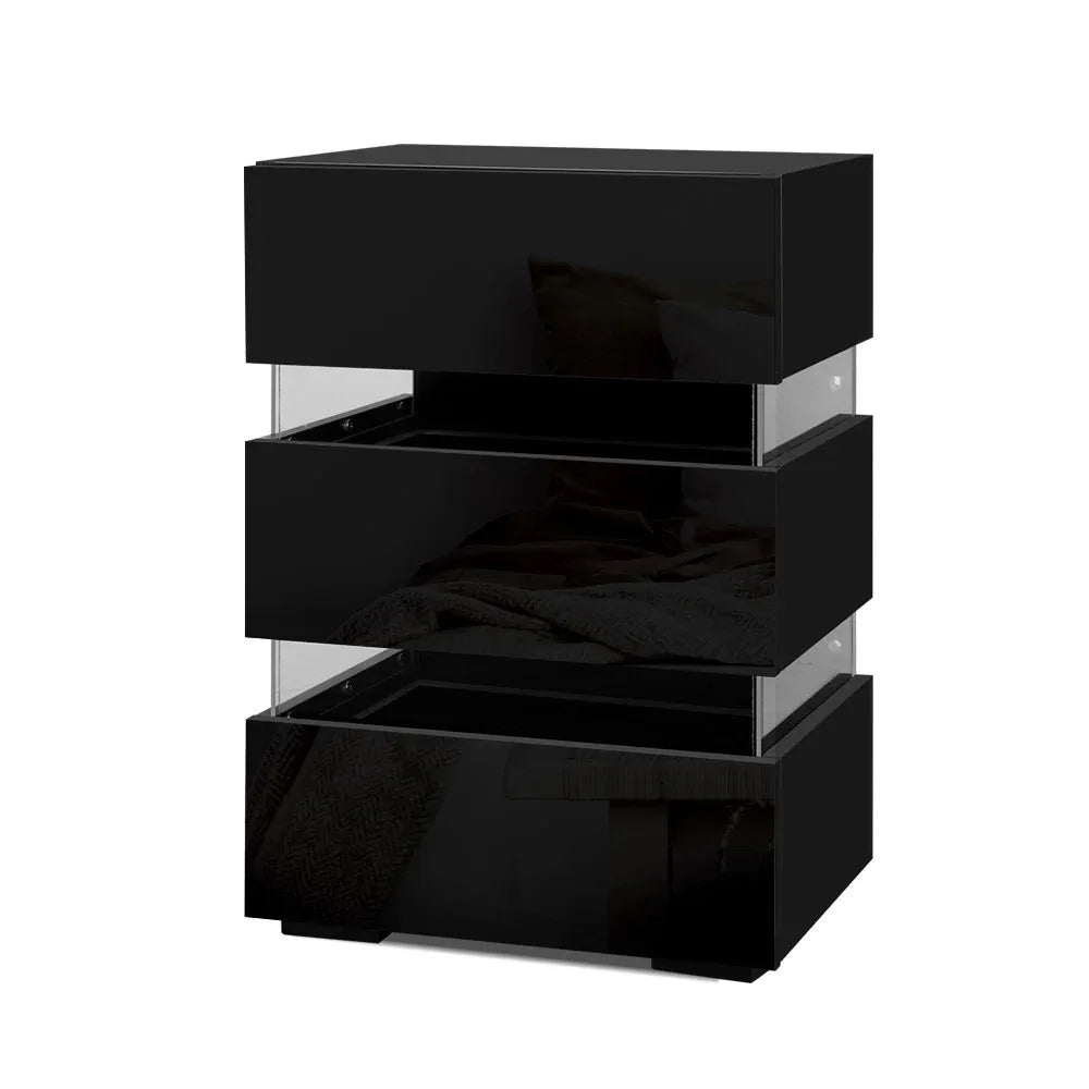 Artiss Bedside Table LED 3 Drawers - LUMI Black - Mekamart Australia