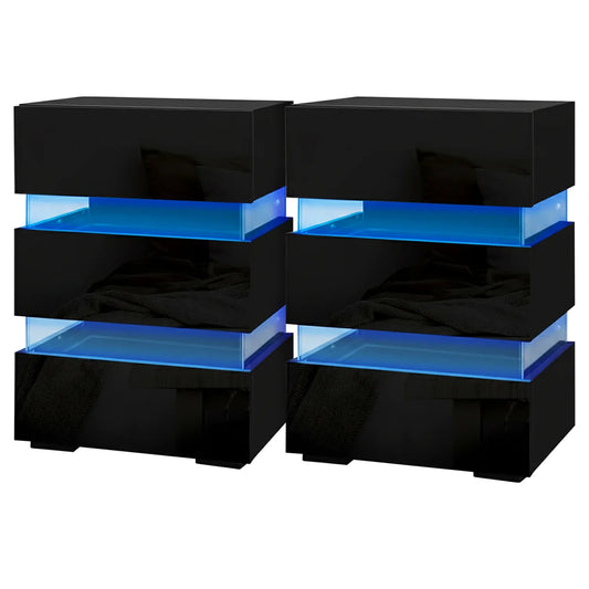 Artiss 2x Bedside Table LED 3 Drawers - LUMI Black - Mekamart Australia