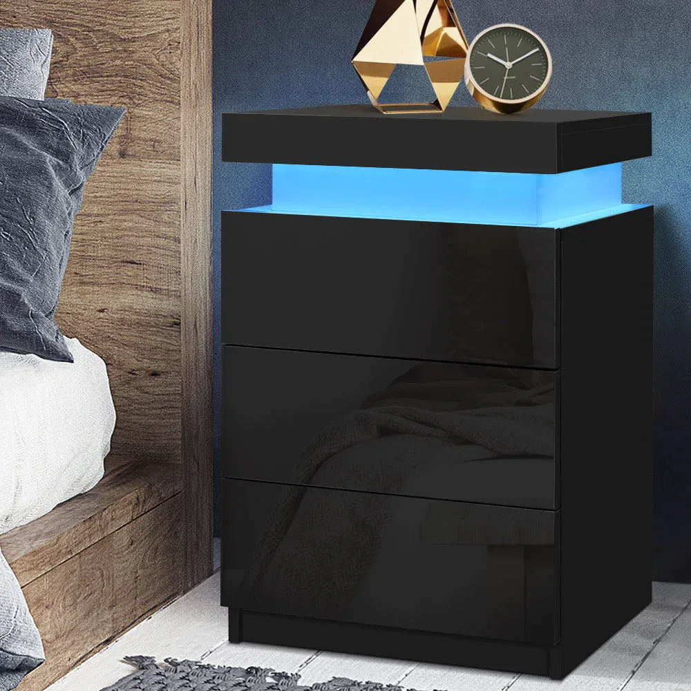 Artiss Bedside Table LED 3 Drawers - COLEY Black - Mekamart Australia