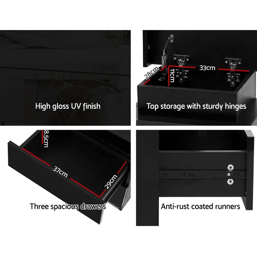 Artiss Bedside Table LED 3 Drawers - COLEY Black - Mekamart Australia