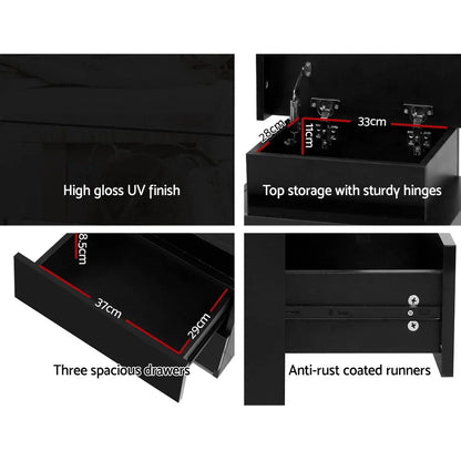 Artiss Bedside Table LED 3 Drawers - COLEY Black - Mekamart Australia
