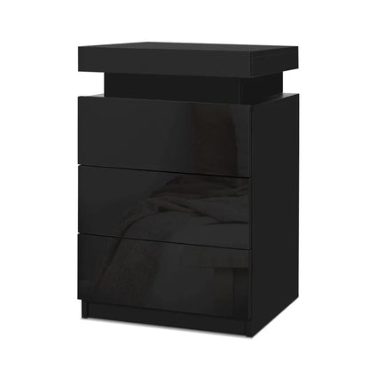 Artiss Bedside Table LED 3 Drawers - COLEY Black - Mekamart Australia