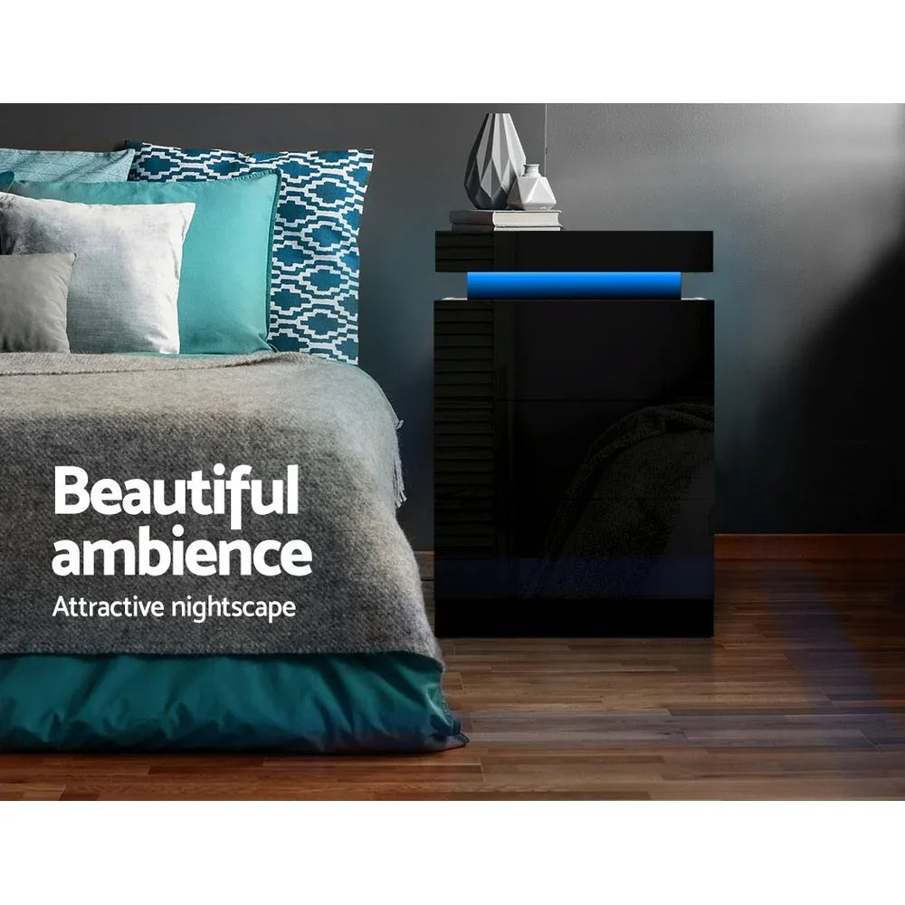 Artiss 2X Bedside Table LED 3 Drawers - COLEY Black - Mekamart Australia