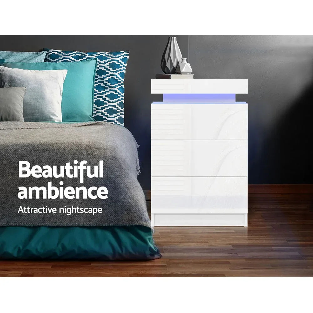 Artiss 2X Bedside Table LED 3 Drawers - COLEY White - Mekamart Australia
