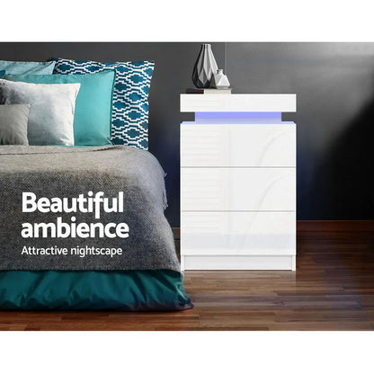 Artiss 2X Bedside Table LED 3 Drawers - COLEY White - Mekamart Australia