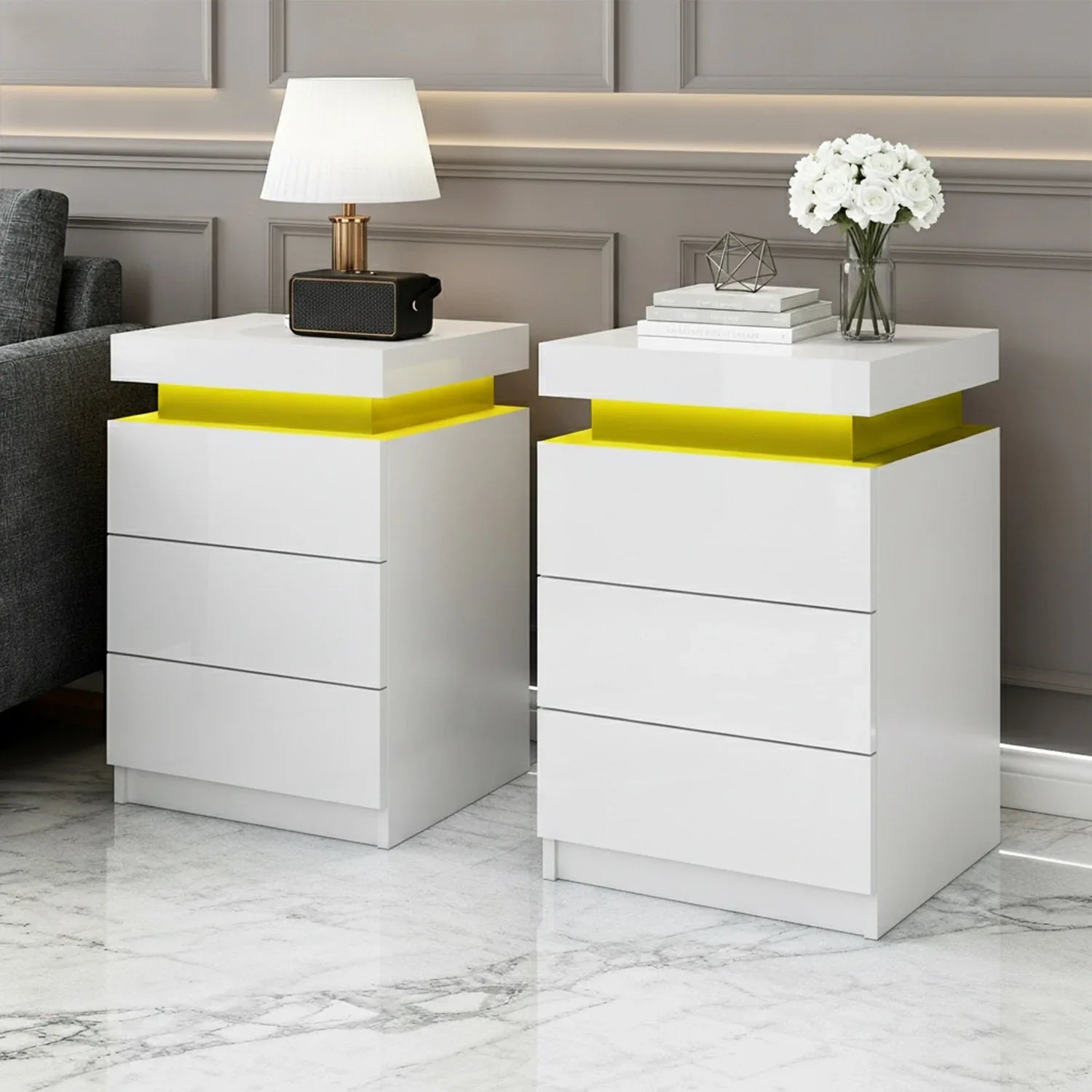 Artiss 2X Bedside Table LED 3 Drawers - COLEY White - Mekamart Australia