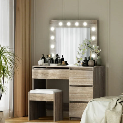 Artiss Dressing Table Set Stool 12 Led Bulbs Wood - Mekamart Australia