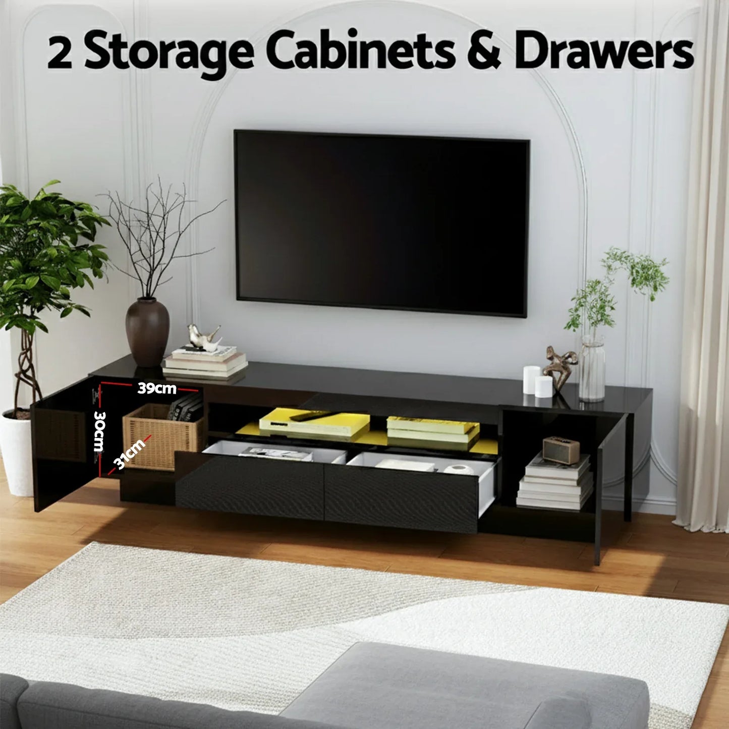 Artiss TV Unit Entertainment Unit Storage Drawer RGB LED 180cm Black - Mekamart Australia