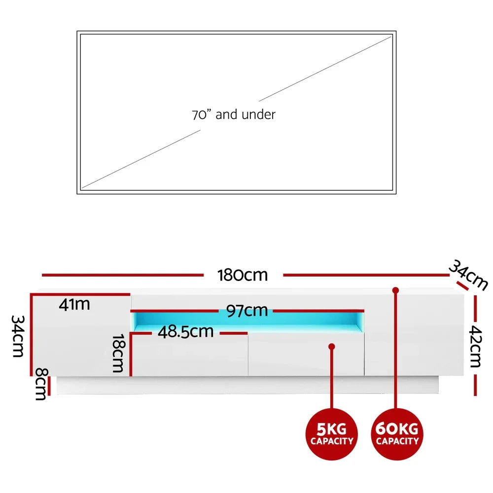 Artiss TV Unit Entertainment Unit Storage Drawer RGB LED 180cm White - Mekamart Australia