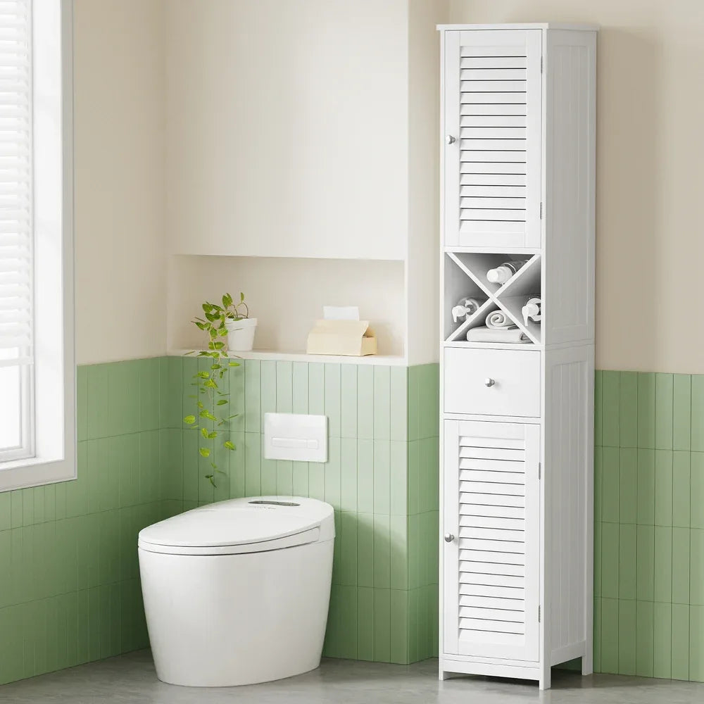 Artiss Bathroom Storage Cabinet 170cm Tall Slim Organiser Toilet Corner Adjustable Shelf Louver Door White - Mekamart Australia