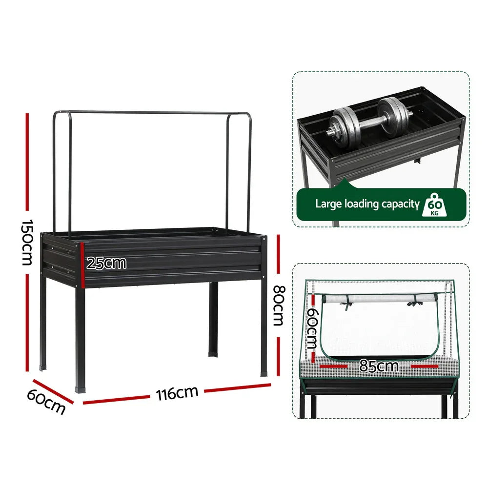 Green Fingers Elevated Metal Garden Bed Kit w Mini Greenhouse Cover 116x60cm Stand-Up Height Trellis - Mekamart Australia