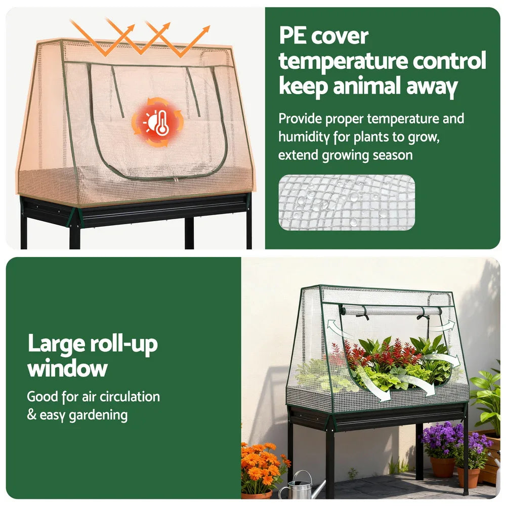 Green Fingers Elevated Metal Garden Bed Kit w Mini Greenhouse Cover 116x60cm Stand-Up Height Trellis - Mekamart Australia