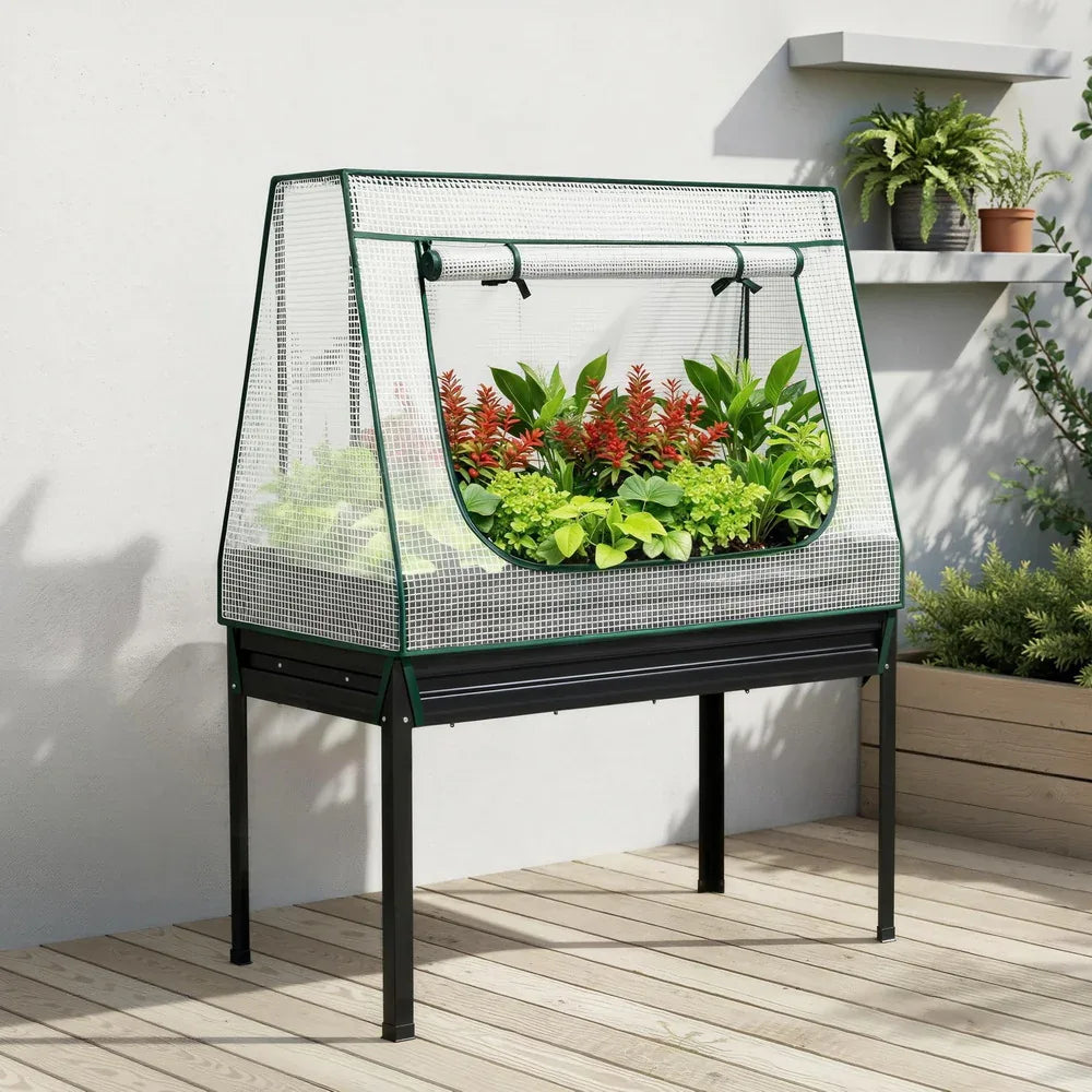Green Fingers Elevated Metal Garden Bed Kit w Mini Greenhouse Cover 116x60cm Stand-Up Height Trellis - Mekamart Australia