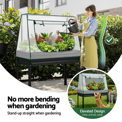Green Fingers Elevated Metal Garden Bed Kit w Mini Greenhouse Cover 116x60cm Stand-Up Height Trellis - Mekamart Australia