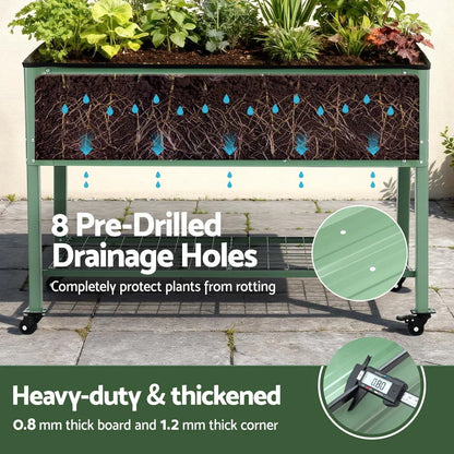 Green Fingers Elevated Raised Garden Bed Kit Mobile w/ Locking Wheels & Storage Shelf 100KG Max Load 115x60x81cm | Galvanized Steel, Portable Green Organizer for Seniors, Patio, Balcony, Vegetables - Mekamart Australia