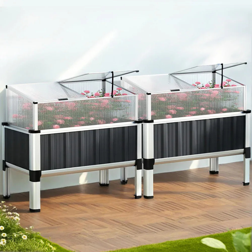 Green Fingers Raised Garden Bed x2 80x49x74cm Greenhouse Planter Box Galvanised Herb - Mekamart Australia