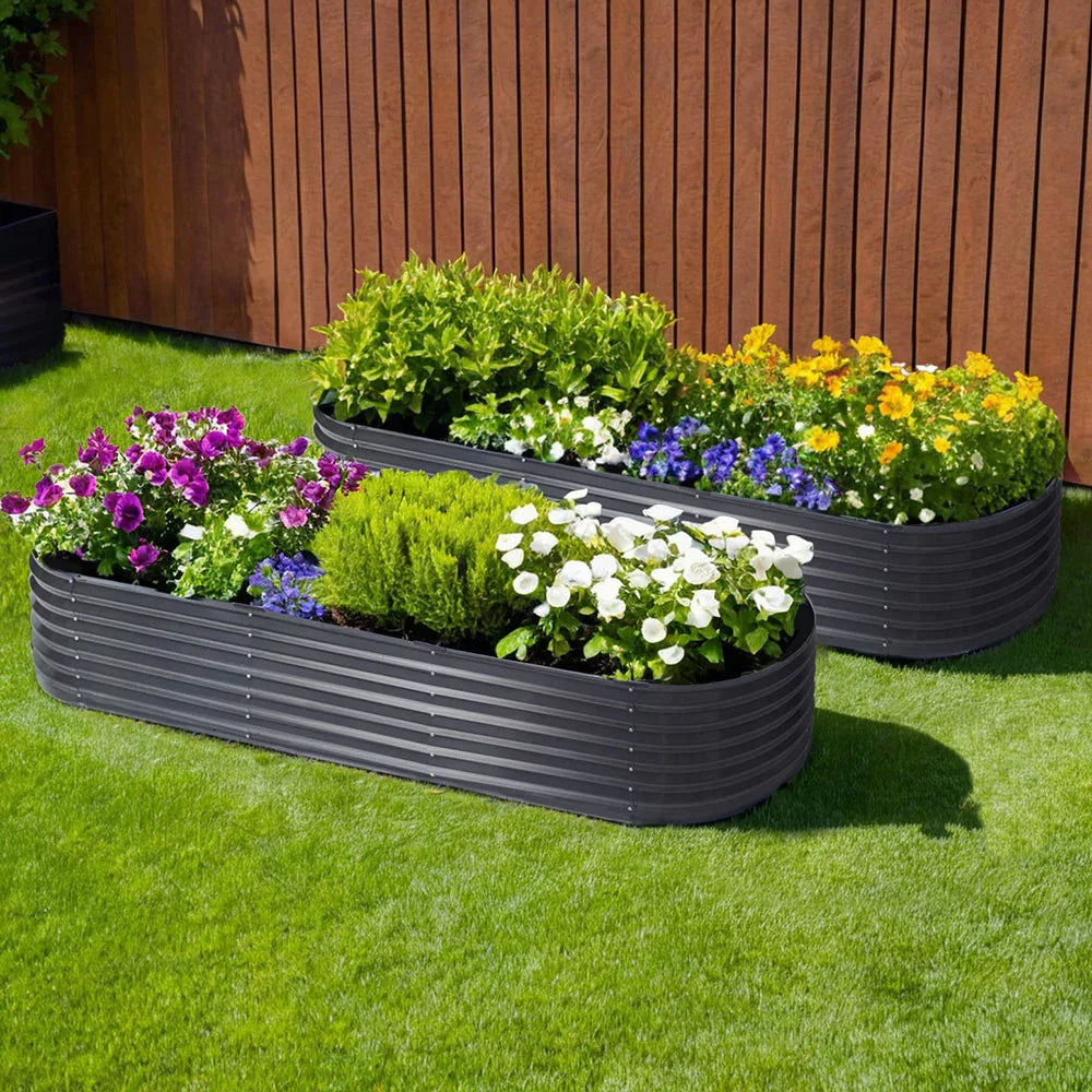 2x Raised Green Fingers Garden Bed 240X80X42cm Oval Planter Box Container Galvanised - Mekamart Australia