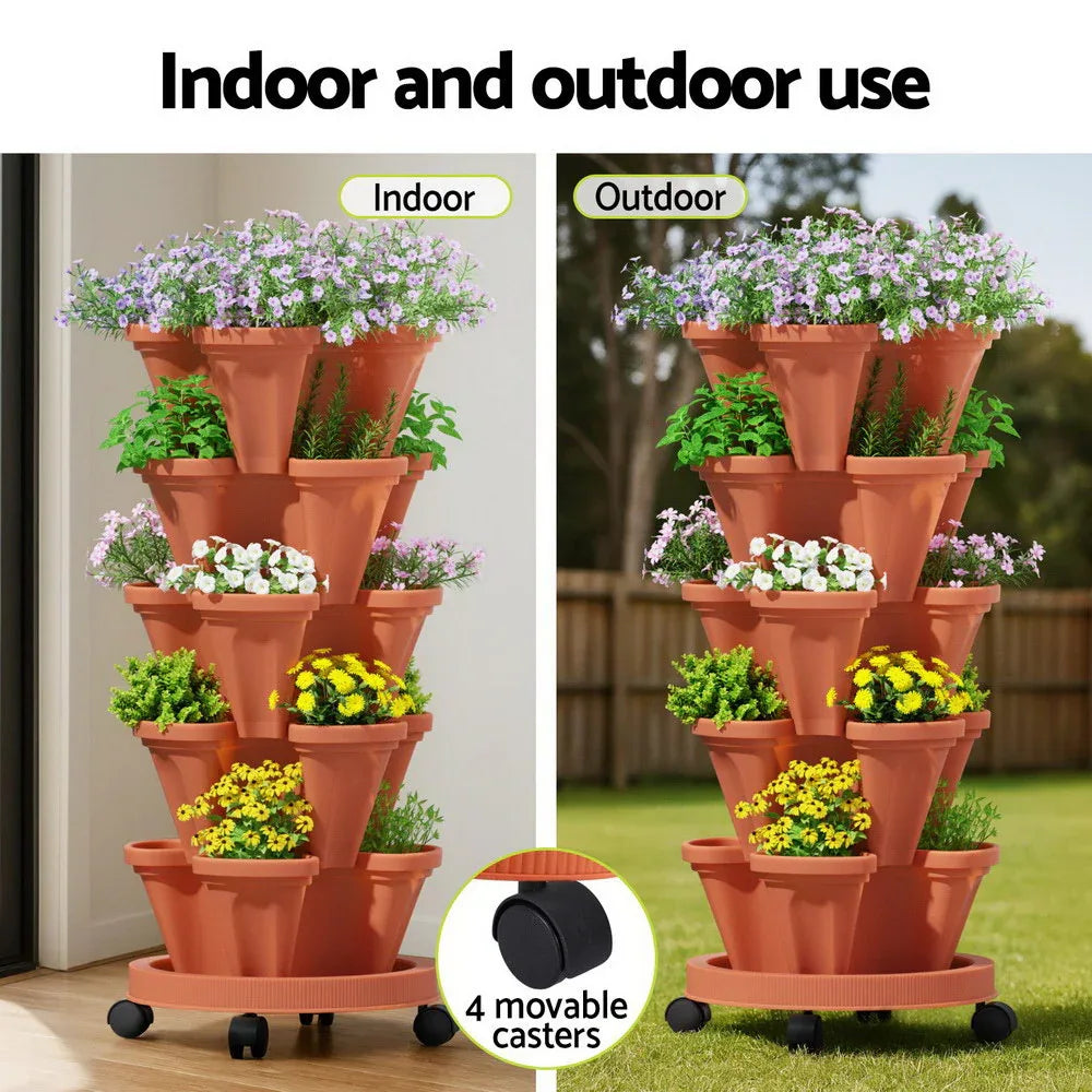 Green Fingers Raised Garden Bed 5 Tier Vertical Garden Brick Red Strawberry Stackable Planters Herbs Petunias - Mekamart Australia