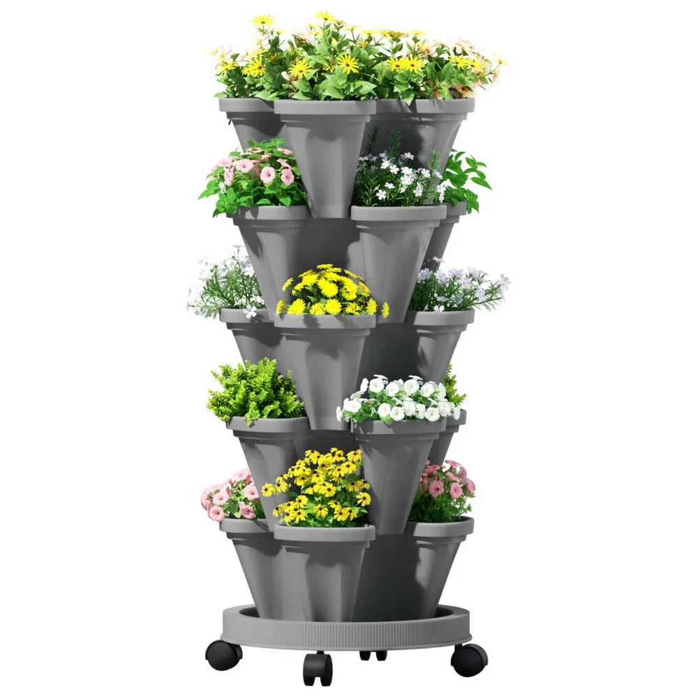 Green Fingers Raised Garden Bed 5 Tier Vertical Garden Grey Strawberry Stackable Planters Herbs Petunias - Mekamart Australia