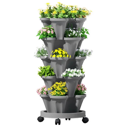 Green Fingers Raised Garden Bed 5 Tier Vertical Garden Grey Strawberry Stackable Planters Herbs Petunias - Mekamart Australia