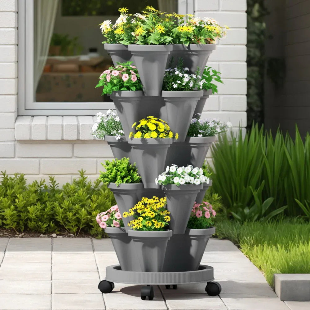 Green Fingers Raised Garden Bed 5 Tier Vertical Garden Grey Strawberry Stackable Planters Herbs Petunias - Mekamart Australia