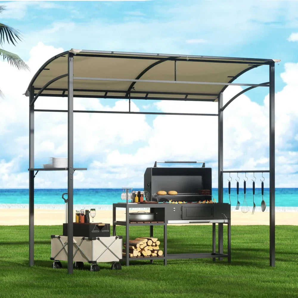 Instahut Gazebo Outdoor BBQ Grill Patio Garden Marquee Shade Shelter Shelf Hooks Beige - Mekamart Australia