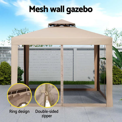Instahut Gazebo Marquee 3m Outdoor Event Tent Camping Party Mesh Wall Canopy Brown - Mekamart Australia