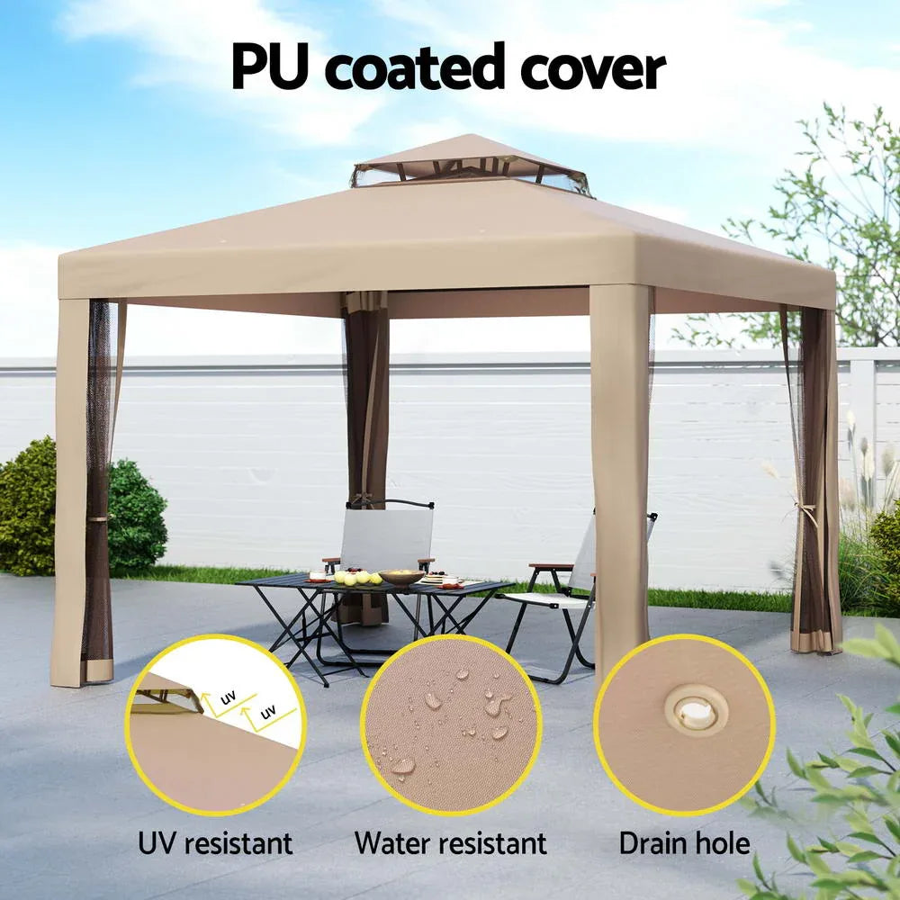 Instahut Gazebo Marquee 3m Outdoor Event Tent Camping Party Mesh Wall Canopy Brown - Mekamart Australia