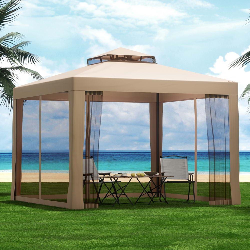 Instahut Gazebo Marquee 3m Outdoor Event Tent Camping Party Mesh Wall Canopy Brown - Mekamart Australia