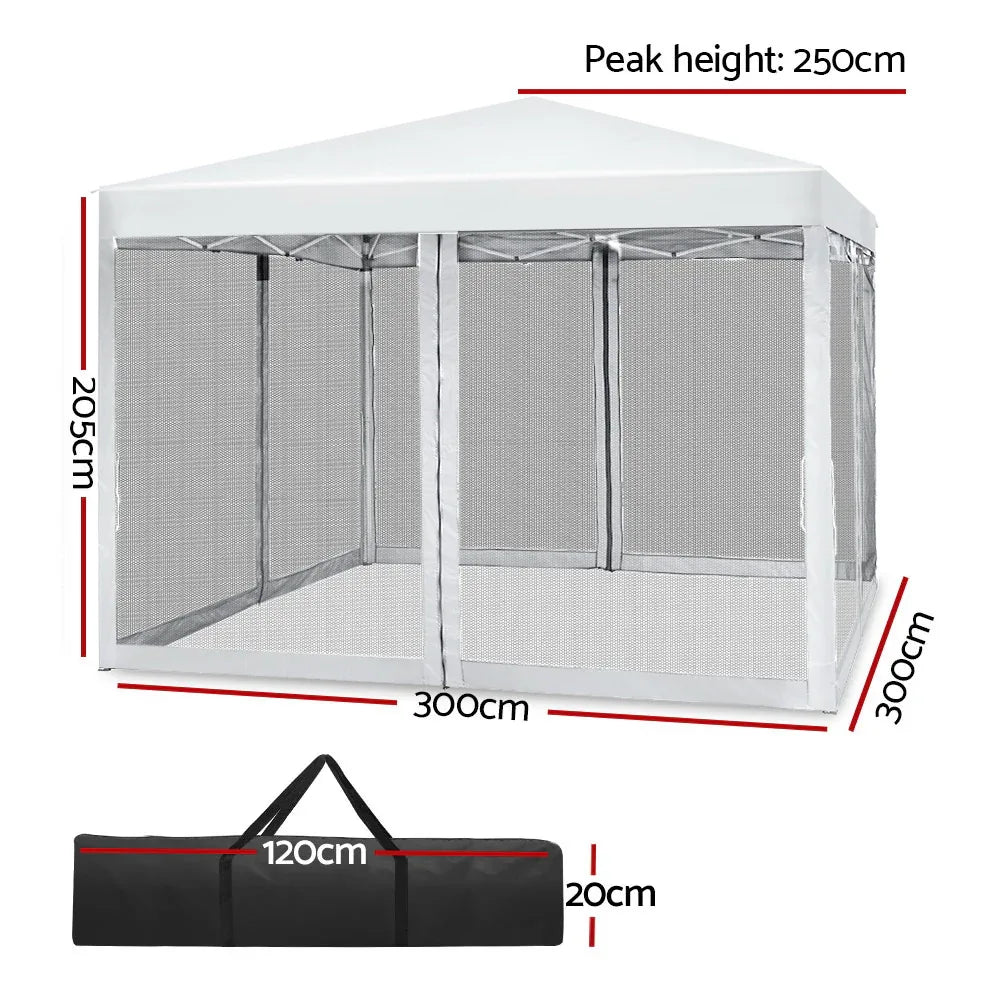 Instahut Gazebo Pop Up Marquee 3x3m Wedding Party Outdoor Camping Tent Canopy Shade Mesh Wall White - Mekamart Australia