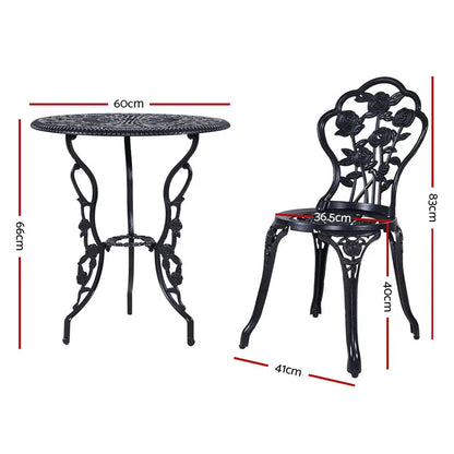 Gardeon 3PC Outdoor Setting Bistro Set Chairs Table Cast Aluminum Rose Black - Mekamart Australia