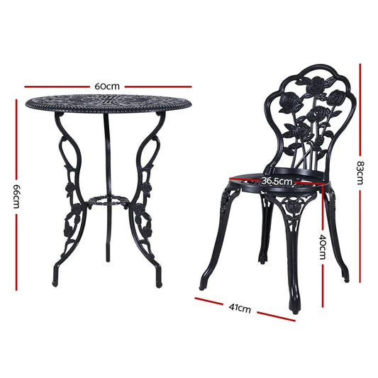 Gardeon 3PC Outdoor Setting Bistro Set Chairs Table Cast Aluminum Rose Black - Mekamart Australia