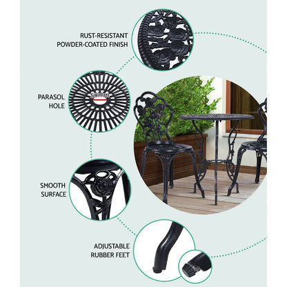 Gardeon 3PC Outdoor Setting Bistro Set Chairs Table Cast Aluminum Rose Black - Mekamart Australia