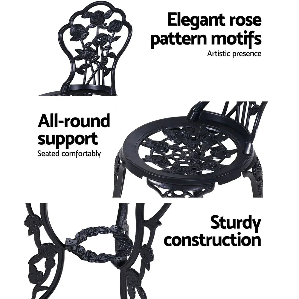 Gardeon 3PC Outdoor Setting Bistro Set Chairs Table Cast Aluminum Rose Black - Mekamart Australia
