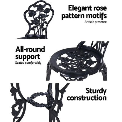 Gardeon 3PC Outdoor Setting Bistro Set Chairs Table Cast Aluminum Rose Black - Mekamart Australia