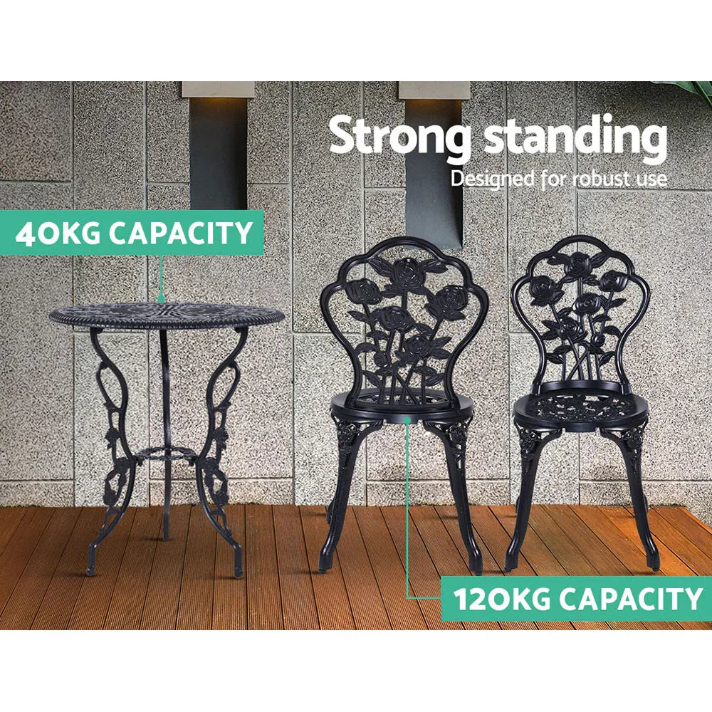 Gardeon 3PC Outdoor Setting Bistro Set Chairs Table Cast Aluminum Rose Black - Mekamart Australia