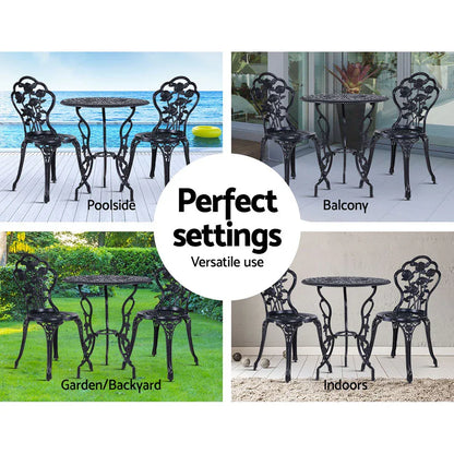 Gardeon 3PC Outdoor Setting Bistro Set Chairs Table Cast Aluminum Rose Black - Mekamart Australia