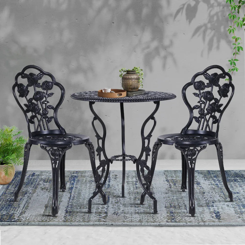 Gardeon 3PC Outdoor Setting Bistro Set Chairs Table Cast Aluminum Rose Black - Mekamart Australia