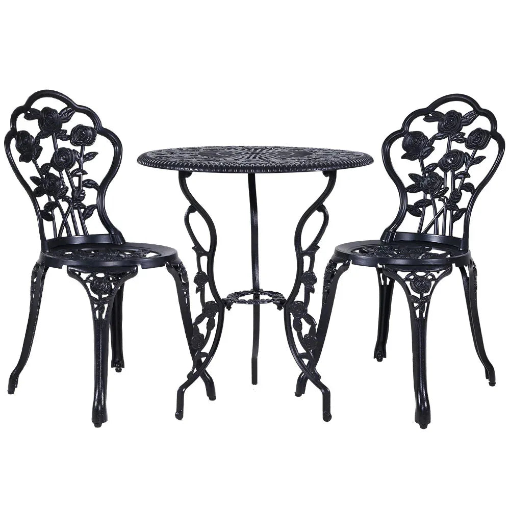 Gardeon 3PC Outdoor Setting Bistro Set Chairs Table Cast Aluminum Rose Black - Mekamart Australia