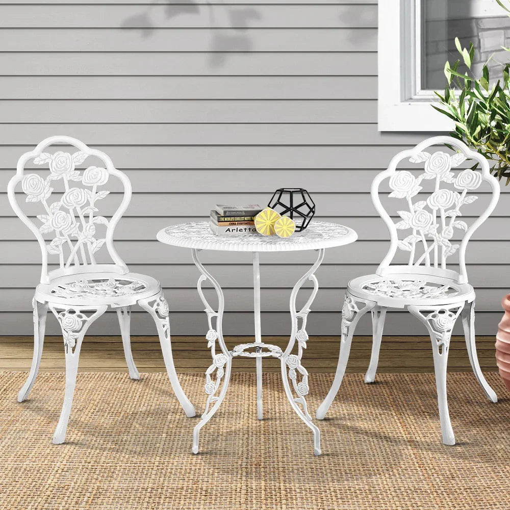 Gardeon 3PC Outdoor Setting Bistro Set Chairs Table Cast Aluminum Patio Furniture Rose White - Mekamart Australia