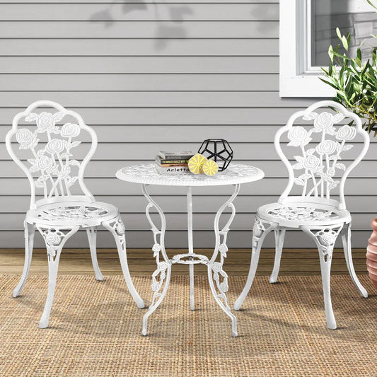 Gardeon 3PC Outdoor Setting Bistro Set Chairs Table Cast Aluminum Patio Furniture Rose White - Mekamart Australia