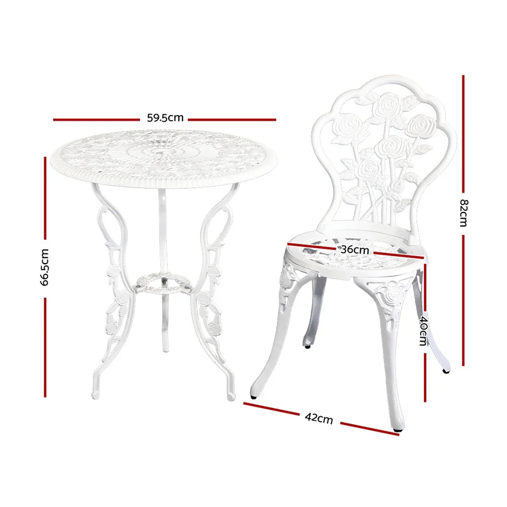 Gardeon 3PC Outdoor Setting Bistro Set Chairs Table Cast Aluminum Patio Furniture Rose White - Mekamart Australia