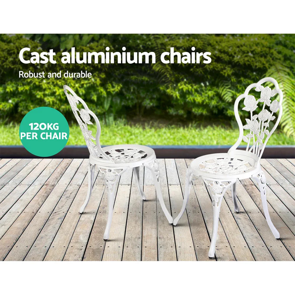 Gardeon 3PC Outdoor Setting Bistro Set Chairs Table Cast Aluminum Patio Furniture Rose White - Mekamart Australia