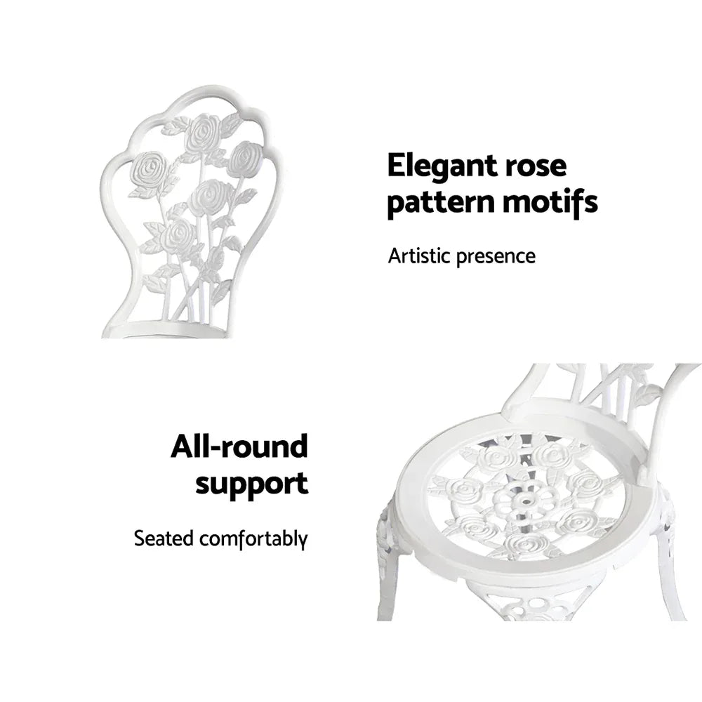Gardeon 3PC Outdoor Setting Bistro Set Chairs Table Cast Aluminum Patio Furniture Rose White - Mekamart Australia