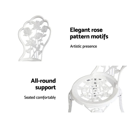 Gardeon 3PC Outdoor Setting Bistro Set Chairs Table Cast Aluminum Patio Furniture Rose White - Mekamart Australia