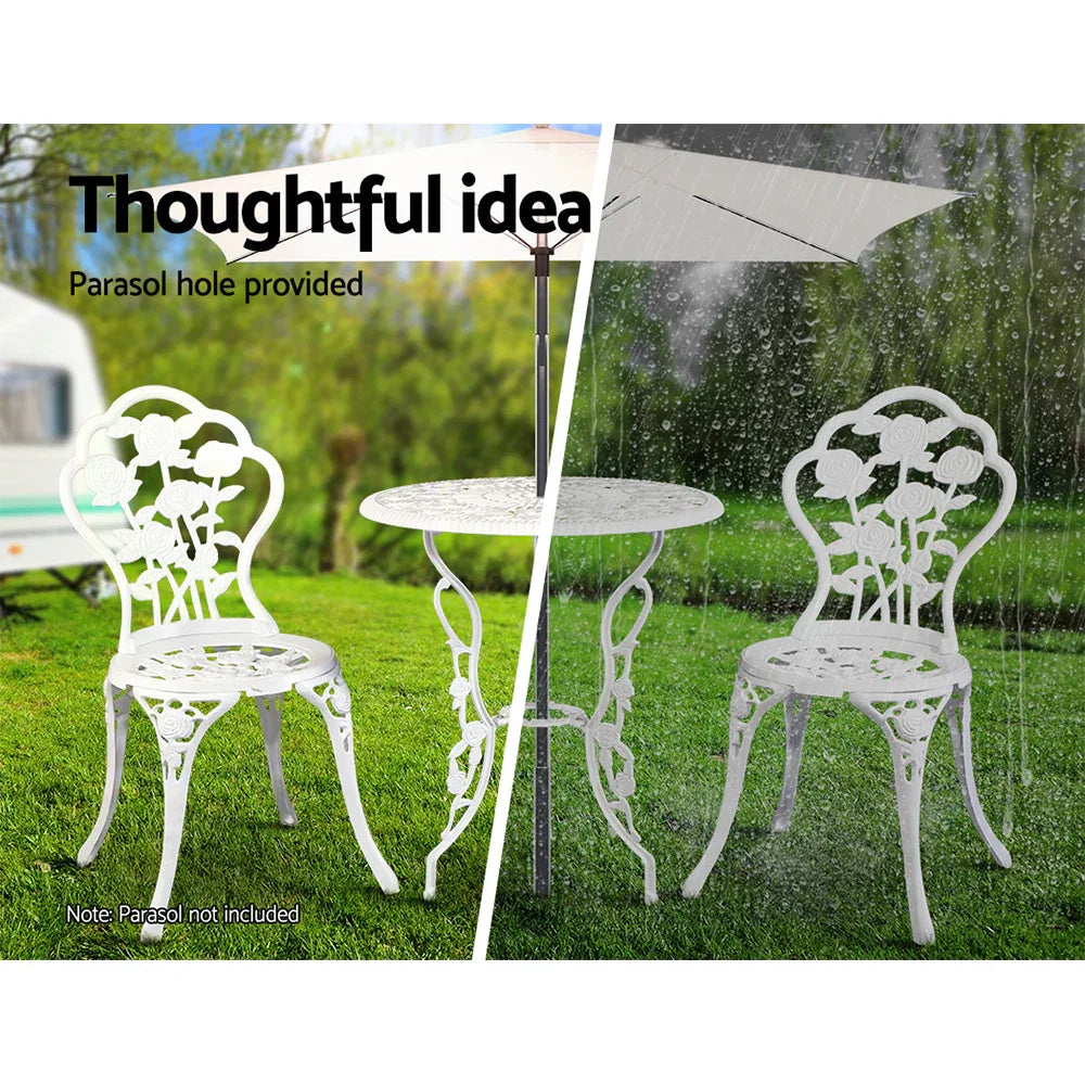 Gardeon 3PC Outdoor Setting Bistro Set Chairs Table Cast Aluminum Patio Furniture Rose White - Mekamart Australia
